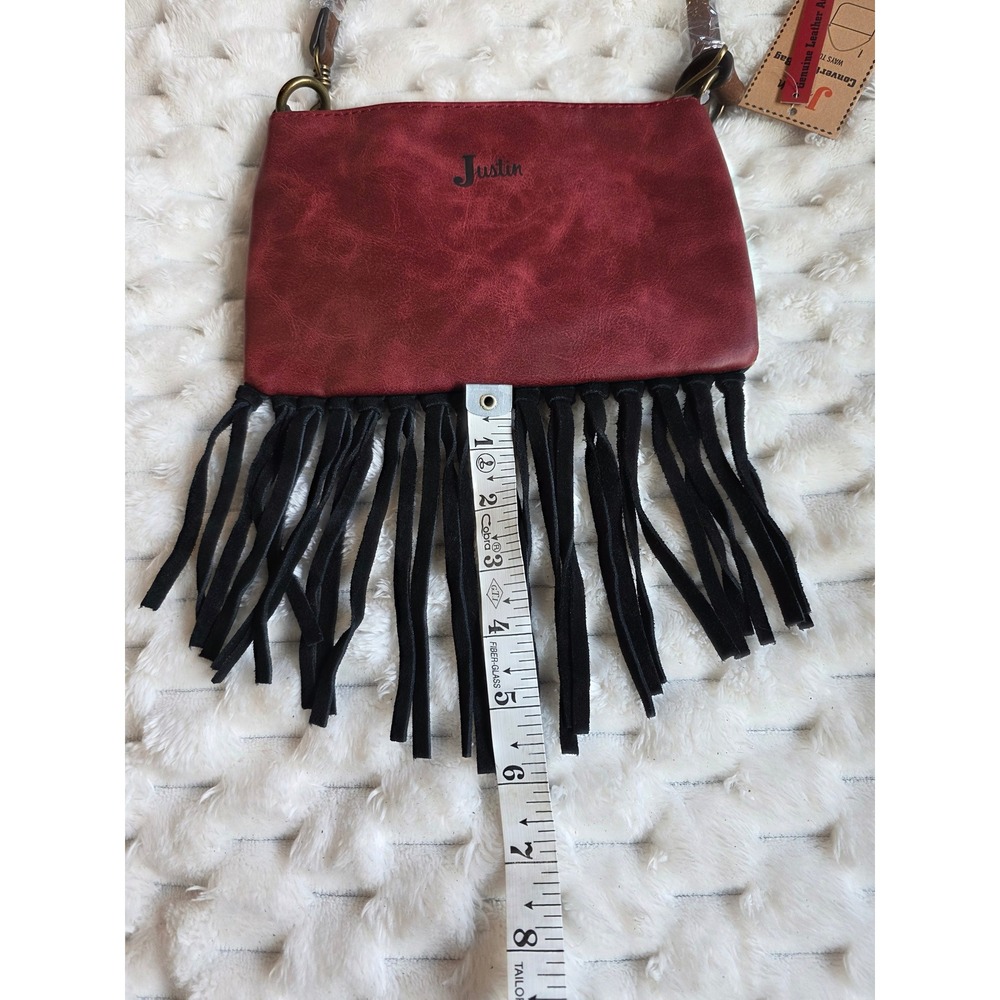 Justin Convertible Bag Leopard Print Burgundy Fringe Shoulder Bag Wristlet NEW - Picture 8 of 9